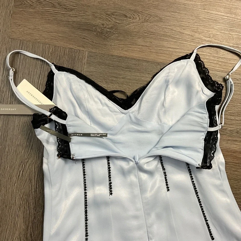 NWT Anthropologie Satin Lace Trim Slip Midi Bow Dress Womens 00 Blue Coquette - Picture 6 of 12